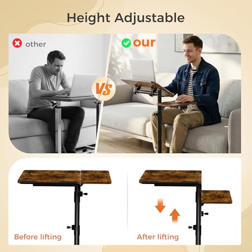 Aothia Small Standing Desk Rolling Table Adjustable Height, Laptop Mobile Stand with Wheels, Overbed Table, Portable Computer Workstation with Tiltable Desktop for Teacher Classroom Home Office, Brown - color: Brown