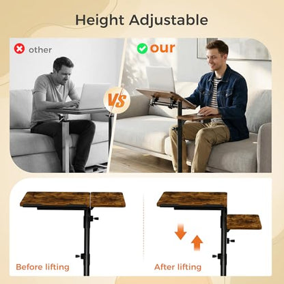 Aothia Small Standing Desk Rolling Table Adjustable Height, Laptop Mobile Stand with Wheels, Overbed Table, Portable Computer Workstation with Tiltable Desktop for Teacher Classroom Home Office, Brown - color: Brown