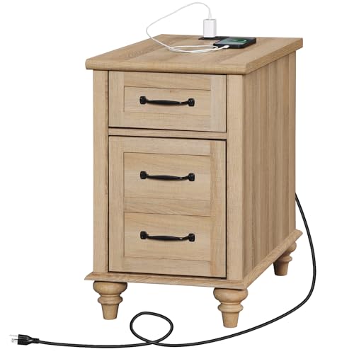 WAMPAT Farmhouse End Table with Charging Station, Light Wood Sofa Side Table with Storage Cabinet, Narrow Night Stand Bedside Table with Drawer for Living Room, Bedroom, Oak - color: Oak