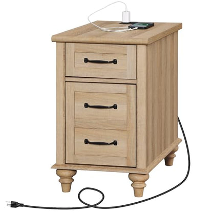 WAMPAT Farmhouse End Table with Charging Station, Light Wood Sofa Side Table with Storage Cabinet, Narrow Night Stand Bedside Table with Drawer for Living Room, Bedroom, Oak - color: Oak