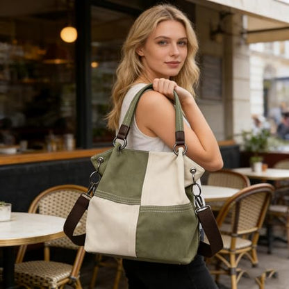 Women's Canvas Color Block Tote Bag Convertible Crossbody Hobo Handbag Lightweight Shoulder Bag for Daily Travel Work - color: Dark Green