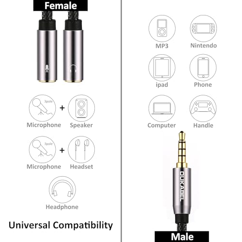 DUKABEL Long Headsets Splitter Adapter, Mic and Audio Y Cable - 4 Feet/1.2m | Separate Headphone and Microphone, 24K Gold-Plated Connector, Compatible with PS5, Xbox One Controller, Smartphone, PC - size: 120 cm
