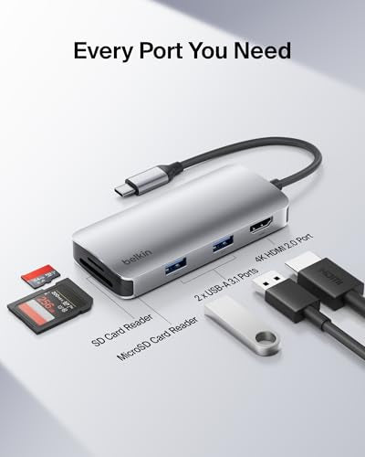 Belkin USB-C Hub 5 in 1 4K HDMI, 2 USB-A, SD & MicroSD | USB-C docking station for Neo MacBook, MacBook Pro, Air, iPad Pro, and XPS, supports 4K HDMI display, SD card reader - style: 5-in-1 USB-C Hub