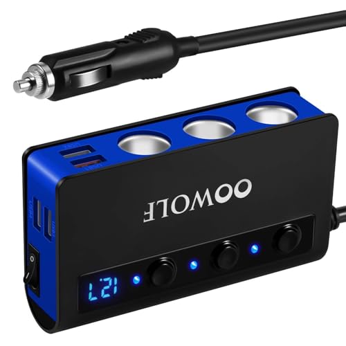 OOWOLF 7 in 1 180W Quick Charge 3.0 Cigarette Lighter Adapter, with Cigarette Lighter Function, for 12V-24V Car, 3-Socket Splitter, 4 USB Ports Car Power Adapter for GPS, Dash Cam, Phone, Tablet etc - color: BLACK-BLUE