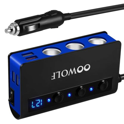 OOWOLF 7 in 1 180W Quick Charge 3.0 Cigarette Lighter Adapter, with Cigarette Lighter Function, for 12V-24V Car, 3-Socket Splitter, 4 USB Ports Car Power Adapter for GPS, Dash Cam, Phone, Tablet etc - color: BLACK-BLUE