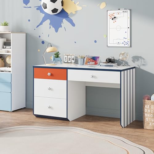 Modern Small Desk with 4 Drawers, 47 Inch Computer Desk with Storage & Soccer Shaped Handle, Wooden Student Study Writing Table for Bedroom, Small Space, White/Blue