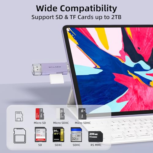 WALNEW SD Card Reader, USB 3.0 & USB-C SD/TF Memory Card Adapter | Supports UHS-I SD/SDHC/SDXC/MicroSD, Compatible with MacBook, PC, iPad, iPhone 15, Samsung Galaxy Android - color: Purple