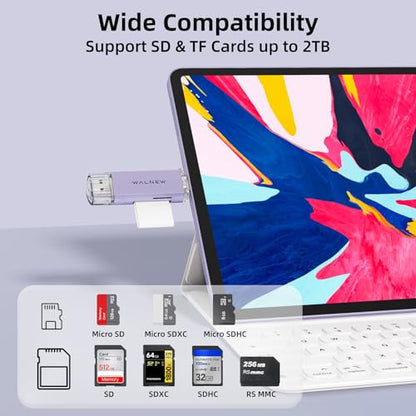 WALNEW SD Card Reader, USB 3.0 & USB-C SD/TF Memory Card Adapter | Supports UHS-I SD/SDHC/SDXC/MicroSD, Compatible with MacBook, PC, iPad, iPhone 15, Samsung Galaxy Android - color: Purple
