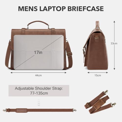 RAINSMORE Messenger Bag for Men 17” PU Laptop Flap Retro Briefcase Waterproof Satchel Bag for Office Business Travel College - color: Brown