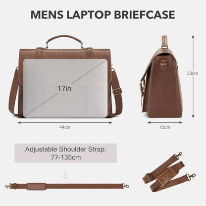 RAINSMORE Messenger Bag for Men 17” PU Laptop Flap Retro Briefcase Waterproof Satchel Bag for Office Business Travel College - color: Brown