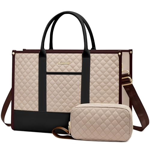 LOVEVOOK Laptop Bags for Women, 15.6 inch Waterproof Work Tote Bag with Clutch, Professional Teacher Computer Purse Lightweight Shoulder Bag Travel, Apricot Chocolate Black - color: Apricot Chocolate Black, size: 15.6 inch