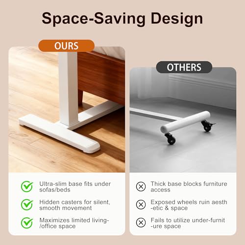Overbed Table with Pneumatic Height Adjustment, Hidden Casters Rolling Bedside Table, Hospital Bed Table Mobile Laptop Standing Desk for Hospital Home Use, White