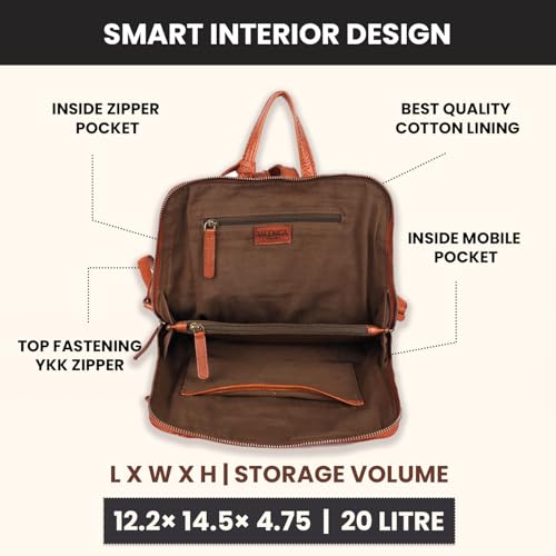 12.5 Inch Cognac Genuine Leather Backpack for Women & Men | Small Cognac Genuine Leather Travel Bookbag Purse with Adjustable Shoulder Strap, YKK Zippers, Mobile & Slip-in Pockets - color: Cognac