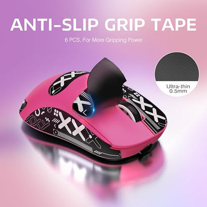 ATTACK SHARK X3 49g Lightweight Wireless Gaming Mouse, Berry&Tape | Triple Mode Ergonomic Computer Mouse, PAW3395 26K DPI Sensor,200h Battery Life, Programmable Buttons for PC/Mac/Win - color: Berry & Griptape