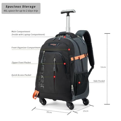 20 Inches Water-resistant Rolling Laptop Backpack Wheeled Backpack for Adult, Business People and Travel Commuter Carry-on Luggage with Spinner Wheels Travel Luggage (Black, 20 Inches)