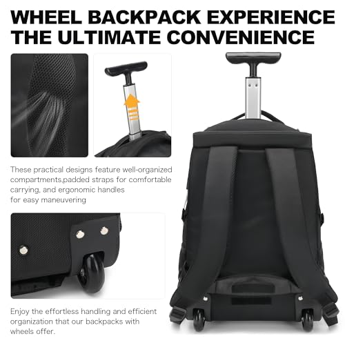 Boavan Rolling Backpack,17 inch Water Resistant Wheeled Backpack,Carry on Luggage Business Bag, Overnight College Computer Trolley Suitcase for Men Women Adults to Travel，Black - color: Black, size: 17.3 inches
