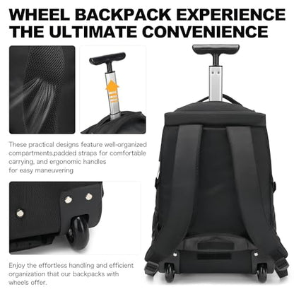 Boavan Rolling Backpack,17 inch Water Resistant Wheeled Backpack,Carry on Luggage Business Bag, Overnight College Computer Trolley Suitcase for Men Women Adults to Travel，Black - color: Black, size: 17.3 inches