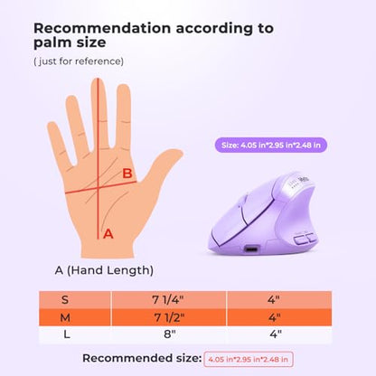 MEETION Ergonomic Vertical Mouse, Wireless Bluetooth Mouse - Purple | Rechargeable mouse with dual Bluetooth 5.2 and USB, 4 DPI levels (800–2400), compatible with Windows, Mac, PC and iPad - color: Right Purple