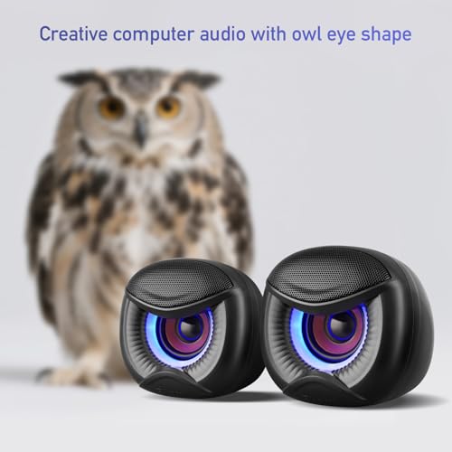Elimavi USB Computer Speakers, 3.5mm Aux Speaker and USB Powered Interface are Suitable for Desktop Laptop Monitor, Owl Eye Design, Includes a USB-C Adapter, Blue Lights - style: Blue light