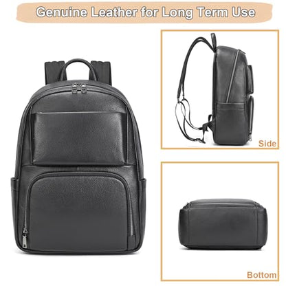 Genuine Leather 15.6 Inch Laptop Backpack for Men, Multi Pocket Casual Daypack Shoulder Bag for Business Travel Outdoor, Black - color: Black