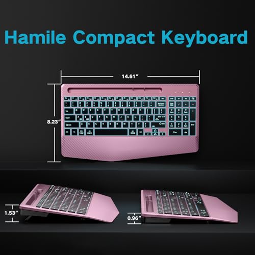 Hamile Wireless Backlit Keyboard with Wrist Rest, Rosepink | 2.4G and Bluetooth keyboard with 8 backlight effects, slim rechargeable silent keys, holder, and Windows/Mac support - color: RosePink