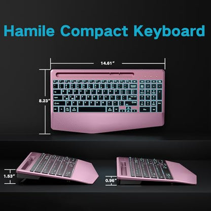 Hamile Wireless Backlit Keyboard with Wrist Rest, Rosepink | 2.4G and Bluetooth keyboard with 8 backlight effects, slim rechargeable silent keys, holder, and Windows/Mac support - color: RosePink