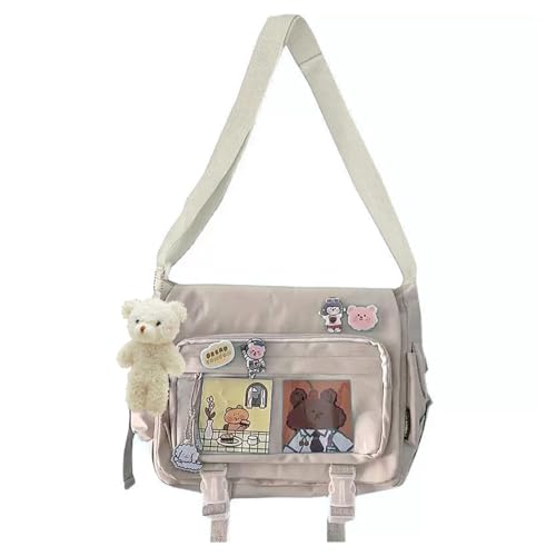Kawaii Crossbody Ita Bag for Women with Pin & Plush Bear - Japanese Messenger Bags Y2K Shoulder Purse - color: A Beige