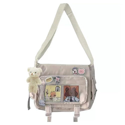 Kawaii Crossbody Ita Bag for Women with Pin & Plush Bear - Japanese Messenger Bags Y2K Shoulder Purse - color: A Beige