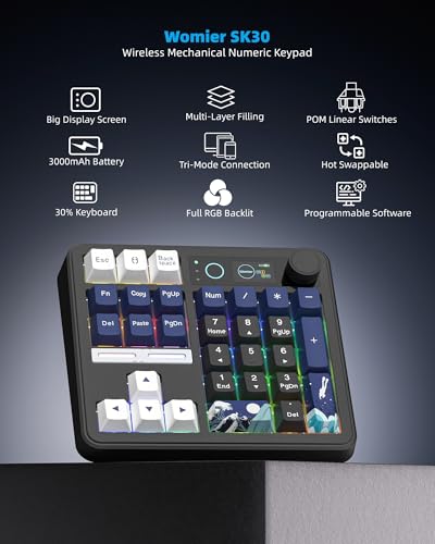Womier SK30 Mechanical Numpad, Mini Keyboard with Screen & Knob,Black | Bluetooth/2.4G/USB-C Wireless Numeric Keypad,Macro Software RGB Number Pad Hotswap,Rechargeable Number keypad for Mac Windows - color: Black