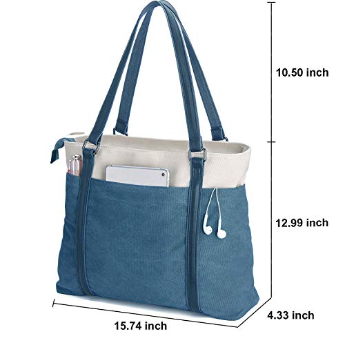 Laptop Tote Bag for Women, 15.6 Inch Work Bag with Laptop Compartment and Zipper, Canvas Computer Tote for Teacher - color: Blue