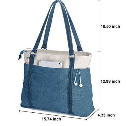 Laptop Tote Bag for Women, 15.6 Inch Work Bag with Laptop Compartment and Zipper, Canvas Computer Tote for Teacher - color: Blue