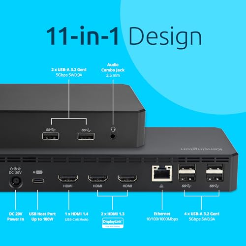 Kensington SD4760P 11-in-1 USB-C Docking Station Triple Monitor DisplayLink Docking Station, 3xHDMI, 100W Charging for Laptop, 6xUSB A, Ethernet, Audio, for Mac and Windows Driver Require K33622NA | DisplayLink docking, 3x HDMI, 100W laptop charging, 6x U
