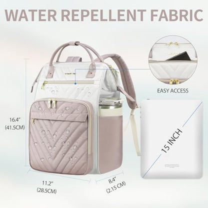 VANKEAN 15.6 Inch Laptop Backpack for Women Large Capacity Waterproof Daypack - color: Beige/Dusty Pink, size: 15.6 Inch
