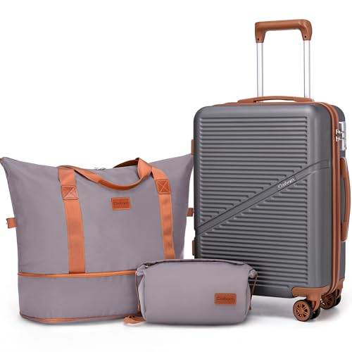 Cosbarn Carry On Luggage,3 Piece Carry On Suitcase,22x14x9 Airline Approved | Lightweight ABS Hardside Luggage, TSA-Approved Lock,Suitcases with Wheels,20Inch,Matching Duffle Bag,For Men&Women - color: Grey, style: Carry on Luggage With Duffel Bag