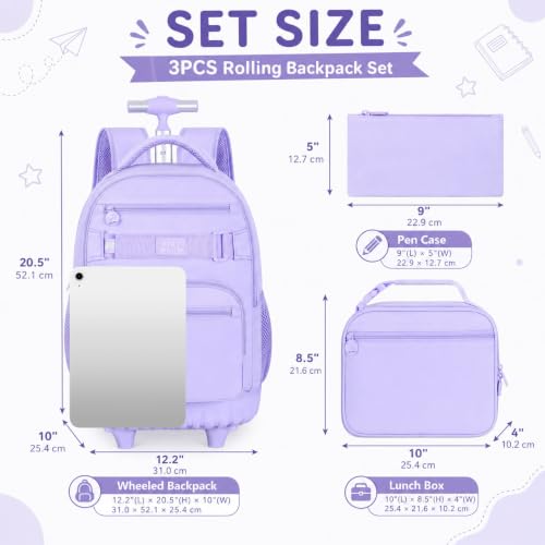 3Pcs Rolling Backpack for Girls Women, 19 Inche School Roller Backpacks with Wheels, Adults Wheeled Bookbag with Lunch Box(Purple) - color: Classic Purple