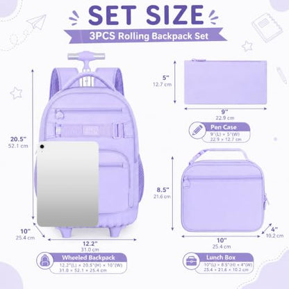 3Pcs Rolling Backpack for Girls Women, 19 Inche School Roller Backpacks with Wheels, Adults Wheeled Bookbag with Lunch Box(Purple) - color: Classic Purple