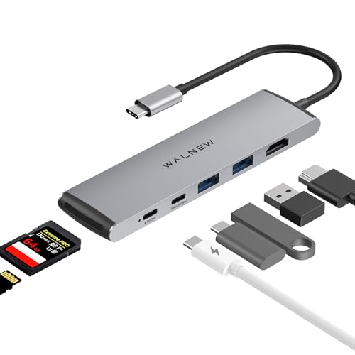 WALNEW 7-in-1 USB-C Hub, 4K HDMI, 100W PD, 3x5Gbps Ports, SD/TF Reader | Thunderbolt Docking Station for MacBook Pro/Air, Mac, iPad, Dell, HP, ASUS, Acer, Steam Deck - color: Silver