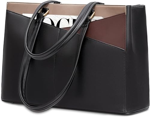 LOVEVOOK Laptop Bag for Women 17.3 Inch Tote Bags Waterproof Leather Briefcase Computer Women Business Office Work Bag,Black/Coffee/Light Brown - color: Black/Coffee/Light Brown, size: 17.3 inch