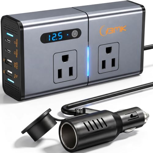 200W 7-in-1 Car Power Inverter DC 12V to 110V AC with Dual PD 36W USB-C & QC 3.0 30W, 2 AC Outlet Car Plug Adapter, LED Voltage Display, Quiet Cooling Fan for Laptop Road Trip Camping - color: Gray
