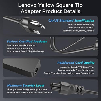 65W Laptop Charger for Lenovo ThinkPad & IdeaPad | 65W 20V 3.25A Power Adapter Fits Lenovo ThinkPad Yoga, Rectangle Yellow Tip, Power Cord Included