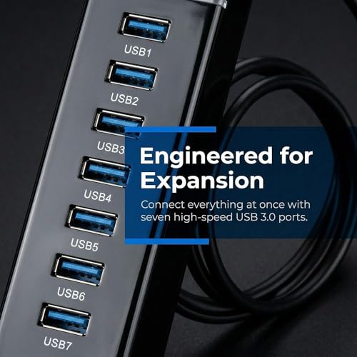 USB 3.0 Hub 7 Port – High Speed 5Gbps Data Transfer Hub Splitter with Blue LED Indicator, DC 5V Power Adapter for Laptop PC