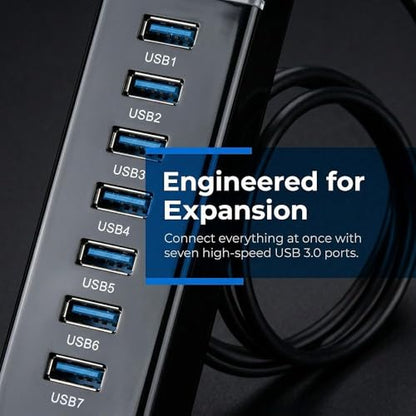 USB 3.0 Hub 7 Port – High Speed 5Gbps Data Transfer Hub Splitter with Blue LED Indicator, DC 5V Power Adapter for Laptop PC