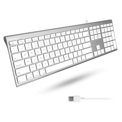 Macally Ultra Slim USB Wired Computer Keyboard - Compatible Apple Keyboard or Windows - Full Size with 20 Mac Keyboard Keys -with Numeric Keypad - Silver Aluminum Finish - color: Silver
