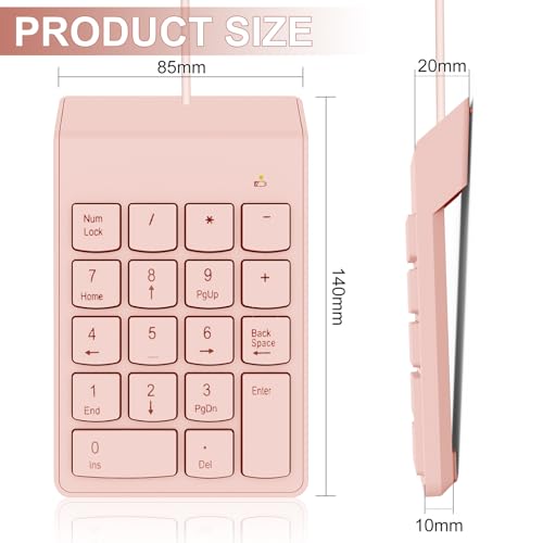 NOOX Wired Number Pad with USB to USB-C Adapter, Numeric Keypad Numpad 18 Keys Portable Financial Number Keyboard, 10 Key USB Keypad for Laptop, Desktop, Surface Pro, Notebook, MacBook - Pink