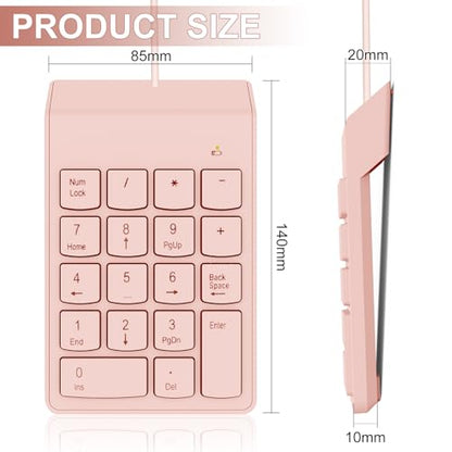 NOOX Wired Number Pad with USB to USB-C Adapter, Numeric Keypad Numpad 18 Keys Portable Financial Number Keyboard, 10 Key USB Keypad for Laptop, Desktop, Surface Pro, Notebook, MacBook - Pink