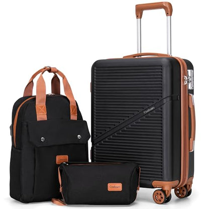 Cosbarn Carry On Luggage,3 Piece Suitcase Set,22x14x9 Airline Approved | Lightweight ABS Hardside Luggage, TSA-Approved Lock,Suitcases with 360° Spinner Wheels,20Inch,Matching Backpack,For Men&Women - color: Black, style: Carry on Luggage With Backpack