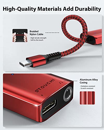 Stouchi USB C to 3.5mm Headphone and Charger Adapter, 2 in 1 USB-C to Aux Audio Jack with 30W Safe Fast Charging Hi-res DAC Compatible with iPhone 17 16 15, Galaxy S25/S24/S23/S22/S21, Pixel 6/5 (Red) - color: Red
