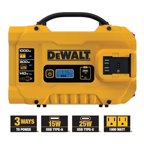 DEWALT DXAEPIP3W 1000 Watt Inverter Works with DeWalt 20V XR 5 AH Battery | 3 Ways to Connect -Cables, Battery, DC Plug, Dual AC Outlets, USB-A & 1 USB-C 30W - size: 1000 Watt