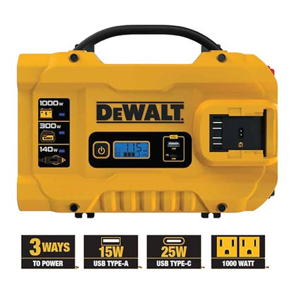 DEWALT DXAEPIP3W 1000 Watt Inverter Works with DeWalt 20V XR 5 AH Battery | 3 Ways to Connect -Cables, Battery, DC Plug, Dual AC Outlets, USB-A & 1 USB-C 30W - size: 1000 Watt