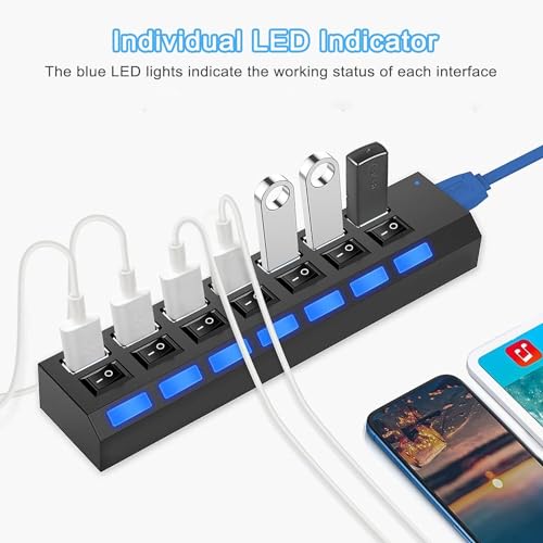 USB Hub 3.0, VIENON 7-Port USB Extender Splitter with Individual LED ON/Off Switches, USB3.0 Hub for Laptop, PC, MacBook, Mac Pro, Mac mini, iMac, Surface Pro and More USB Devices-2FT